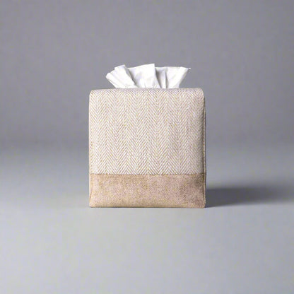 Square tissue box cover with beige herringbone pattern and beige velvet base