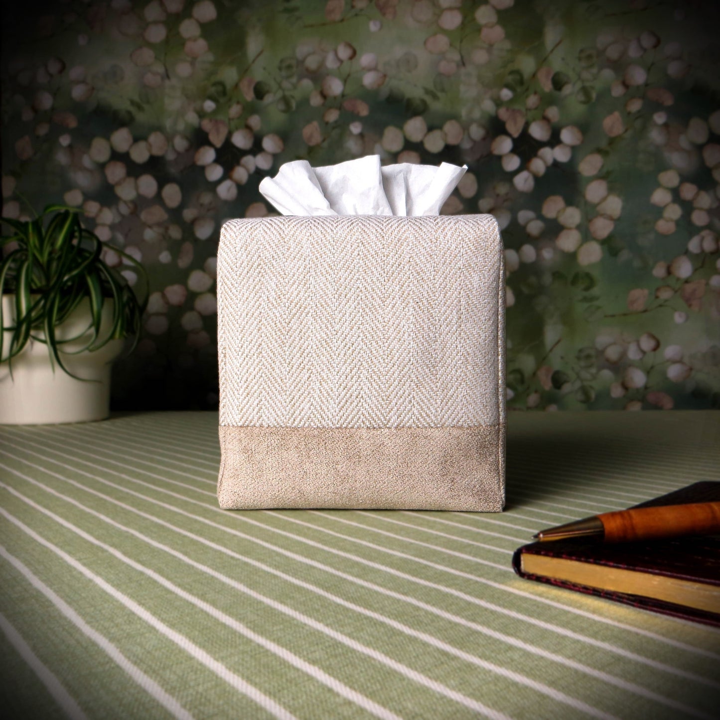 Cube Fabric Tissue Box Cover - Beige Herringbone Two Tone