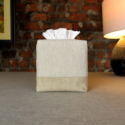 Square tissue box cover with beige herringbone pattern and beige velvet base