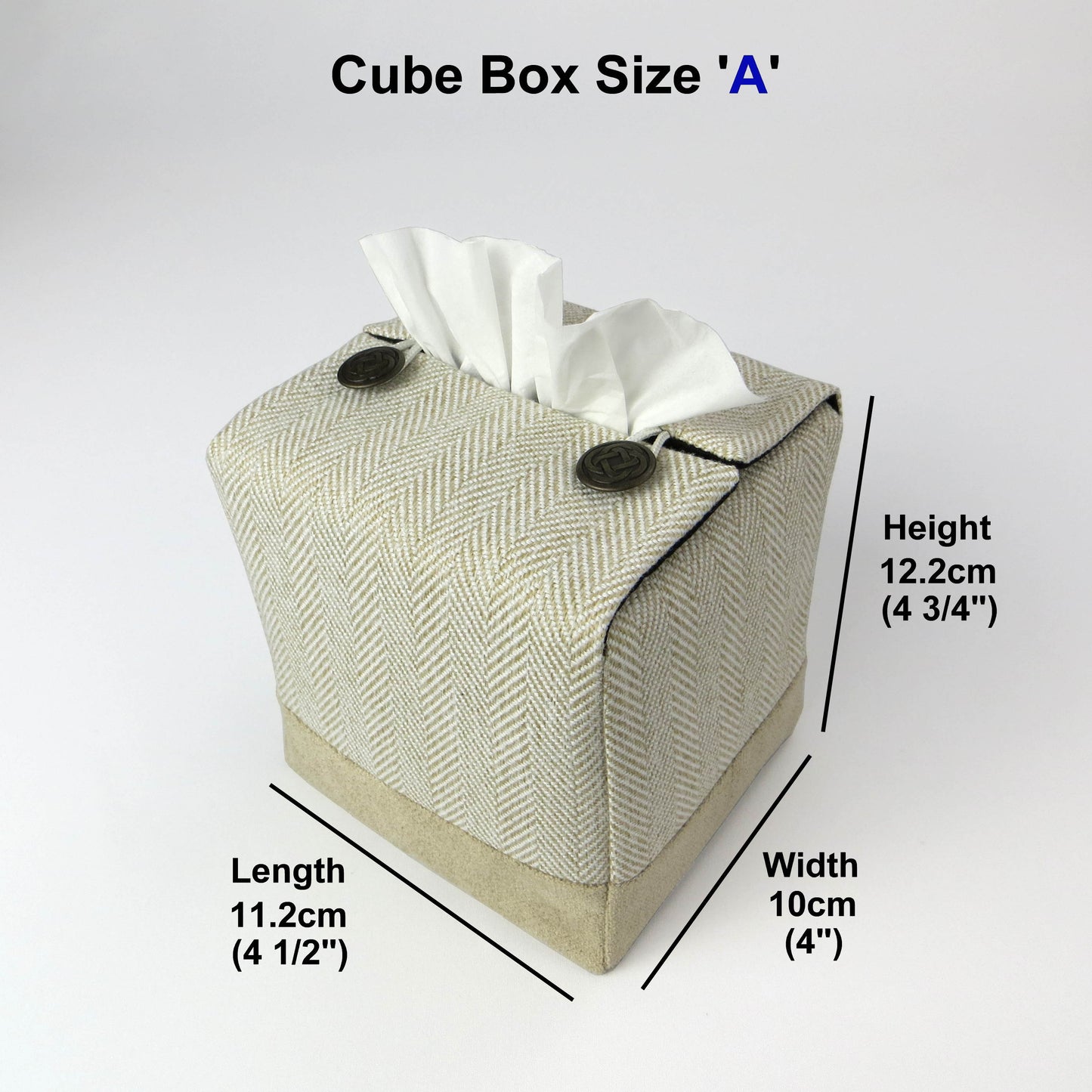 Square tissue box cover with beige herringbone pattern and beige velvet base