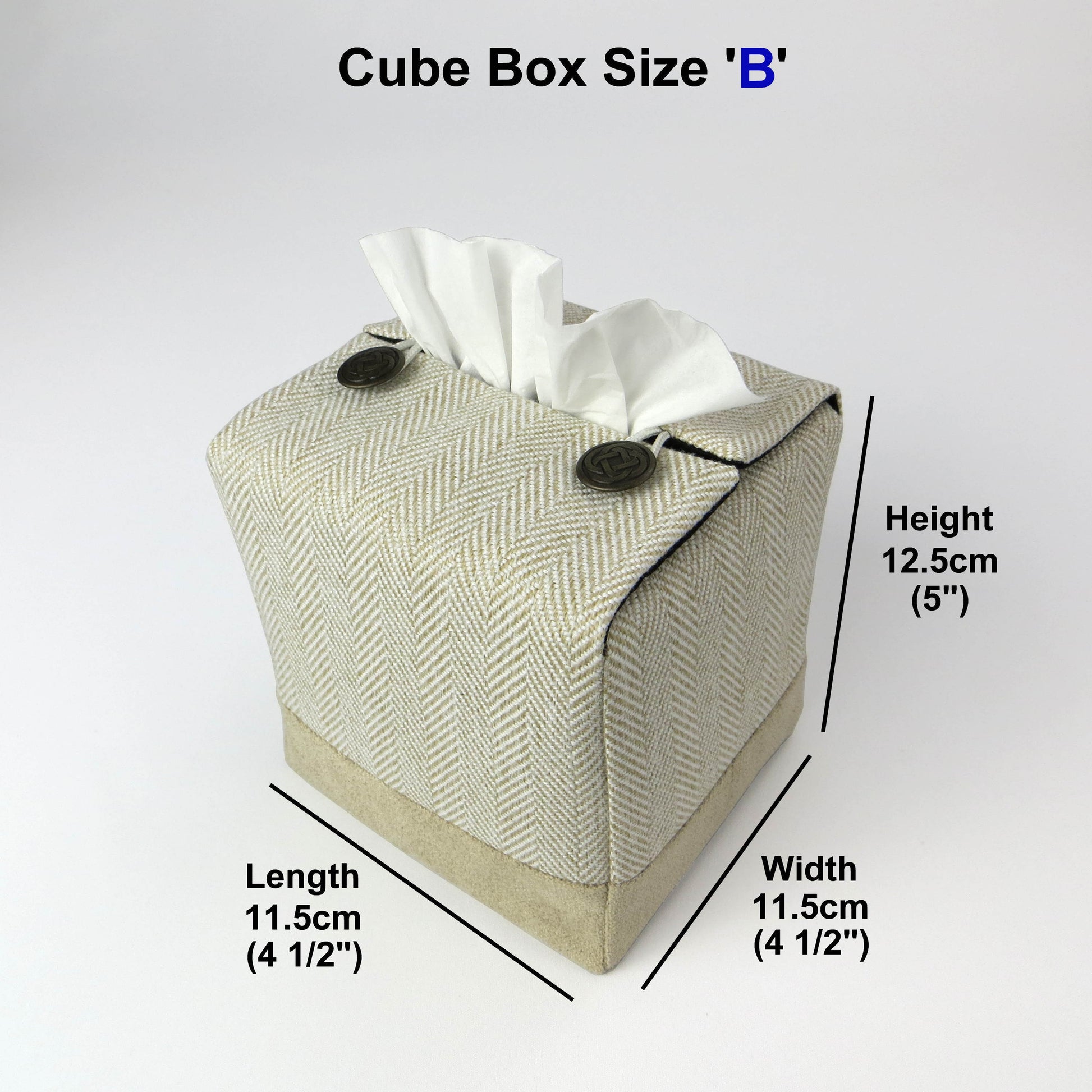Square tissue box cover with beige herringbone pattern and beige velvet base