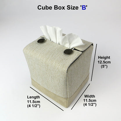 Square tissue box cover with beige herringbone pattern and beige velvet base