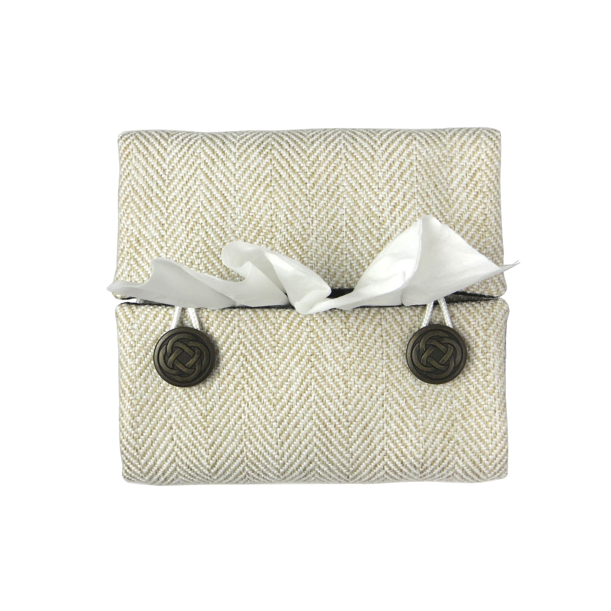 Square tissue box cover with beige herringbone pattern and beige velvet base