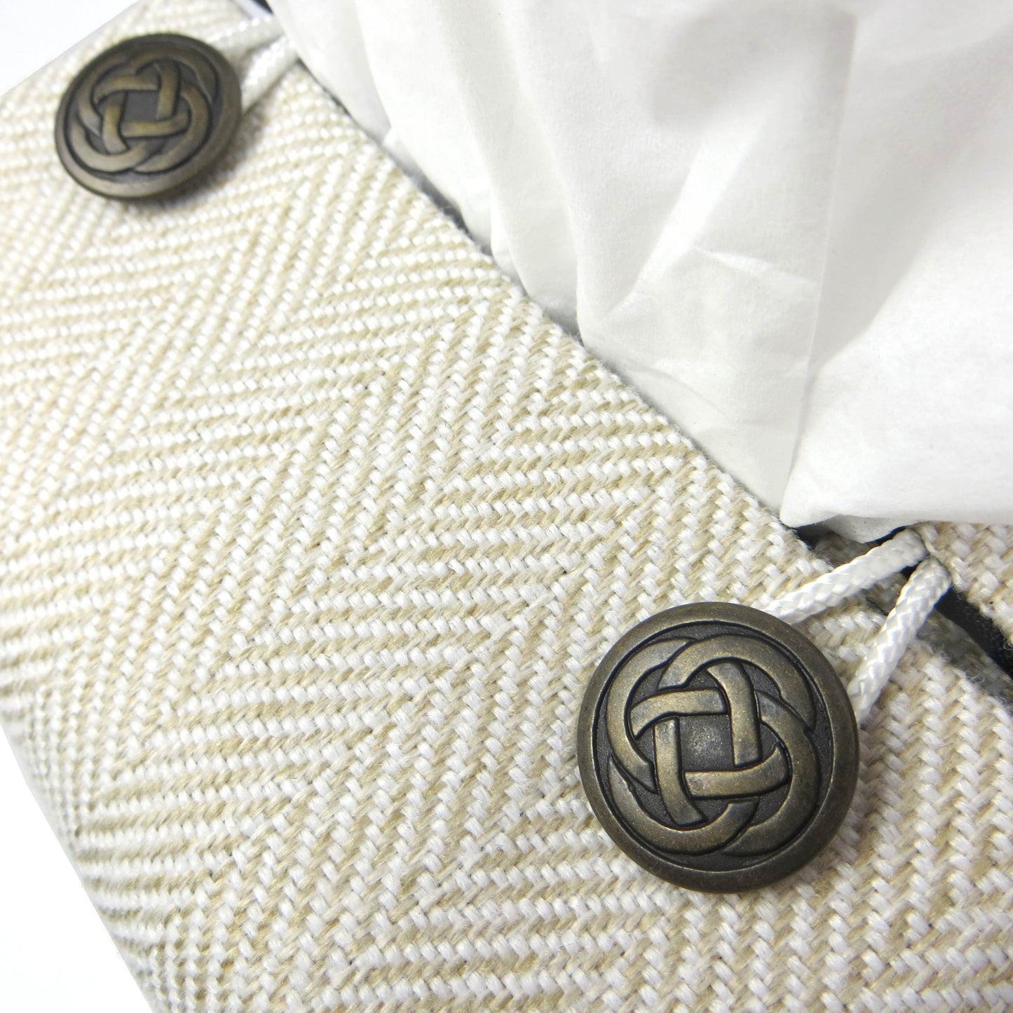 Square tissue box cover with beige herringbone pattern and beige velvet base