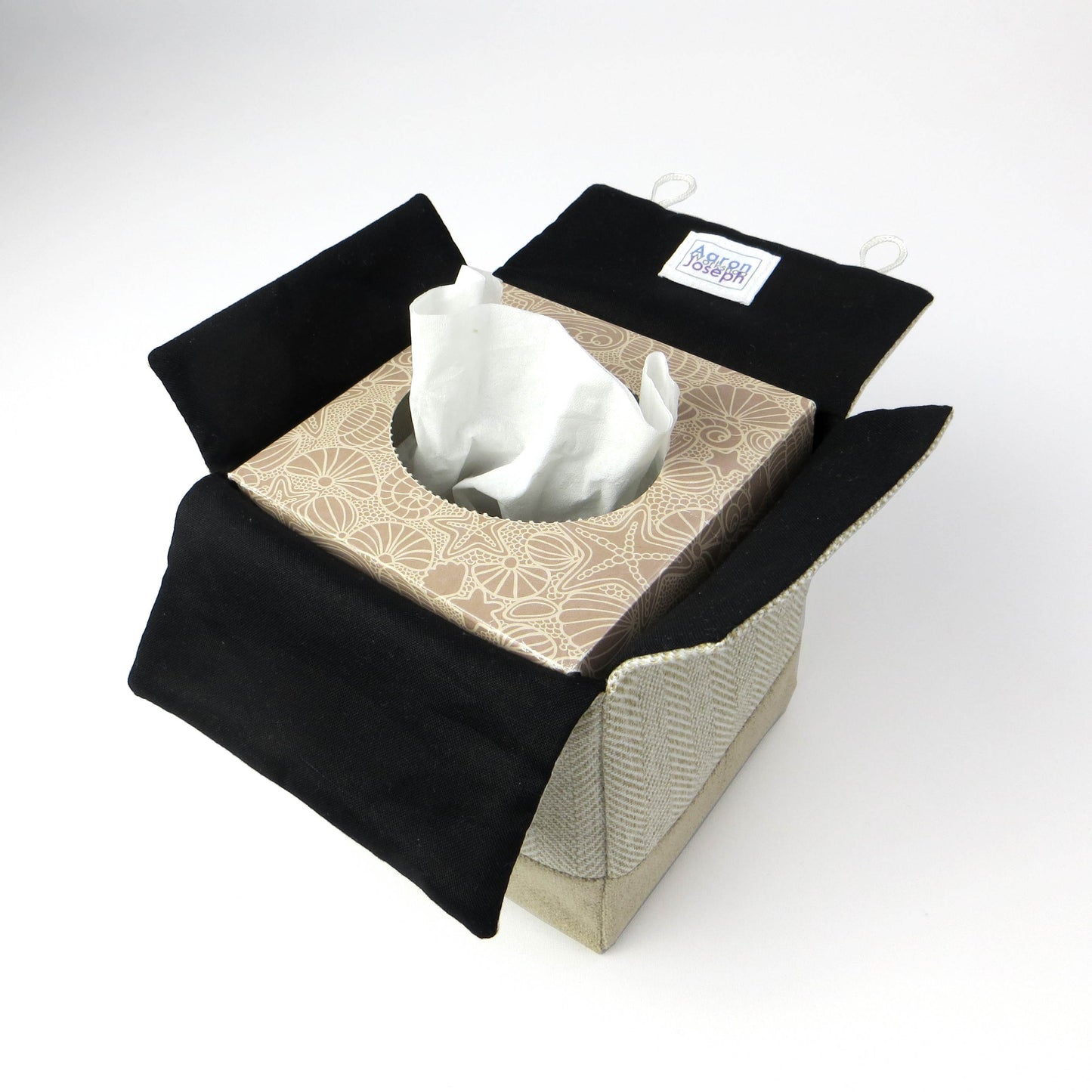 Square tissue box cover with beige herringbone pattern and beige velvet base