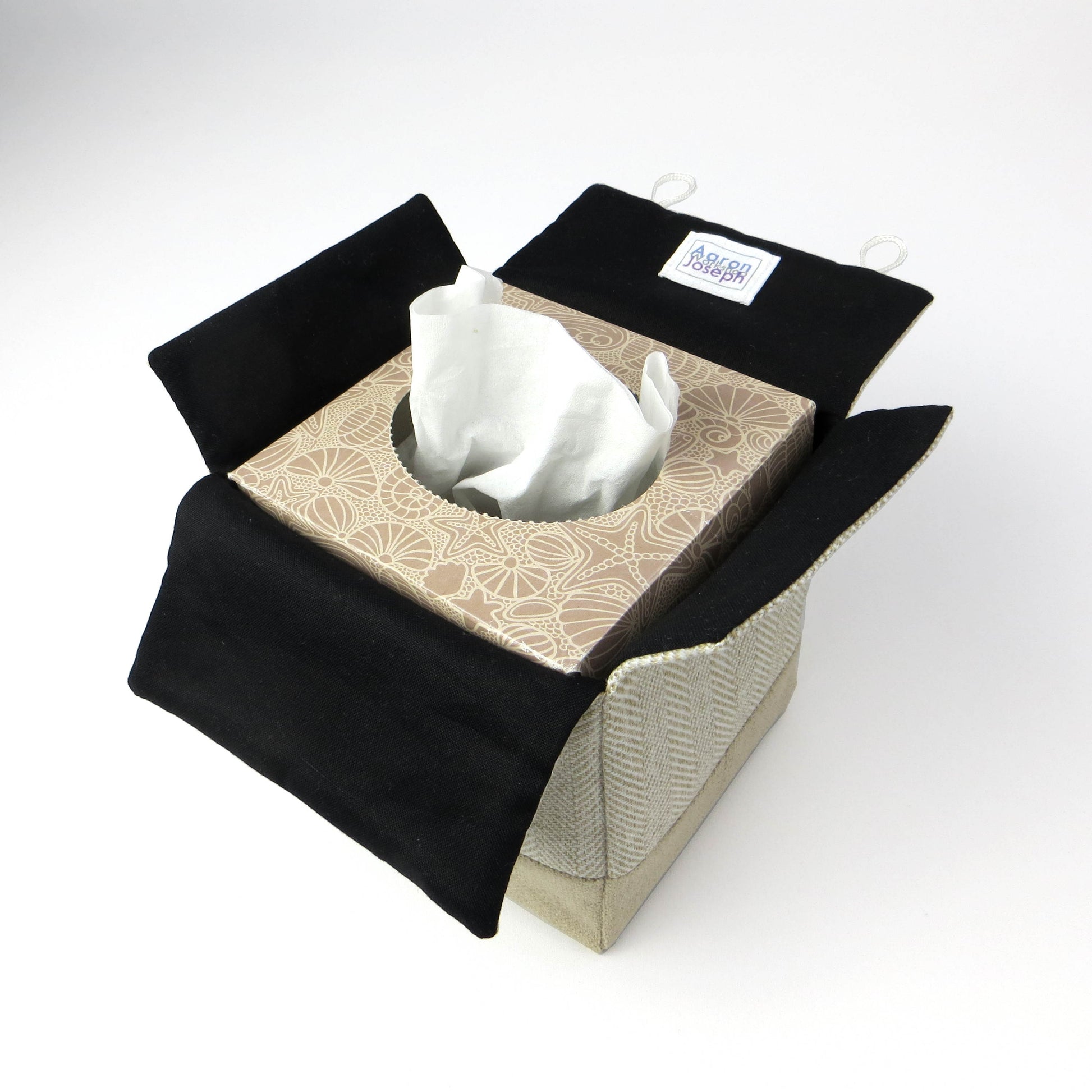 Square tissue box cover with beige herringbone pattern and beige velvet base