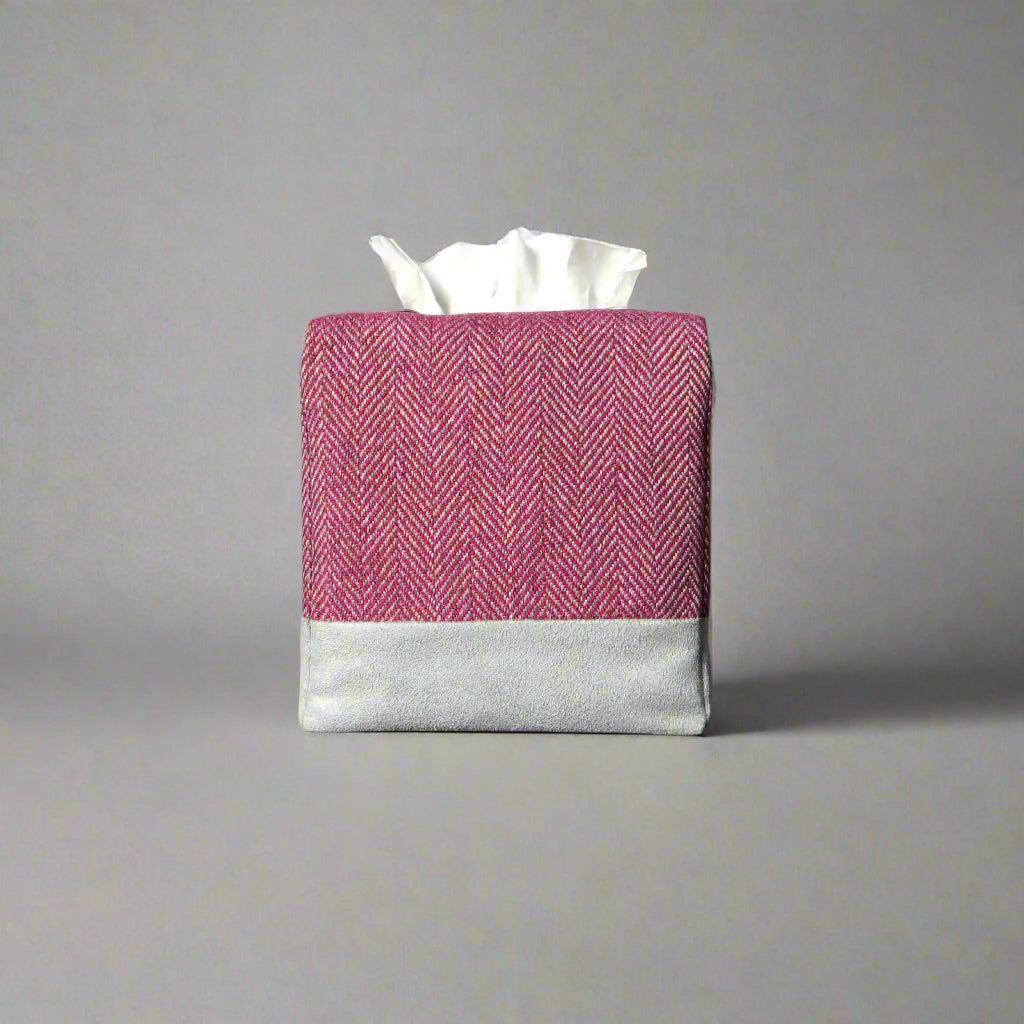 Square tissue box cover with mauve and grey herringbone pattern, and light grey velvet base.