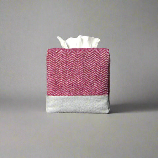 Square tissue box cover with mauve and grey herringbone pattern, and light grey velvet base.