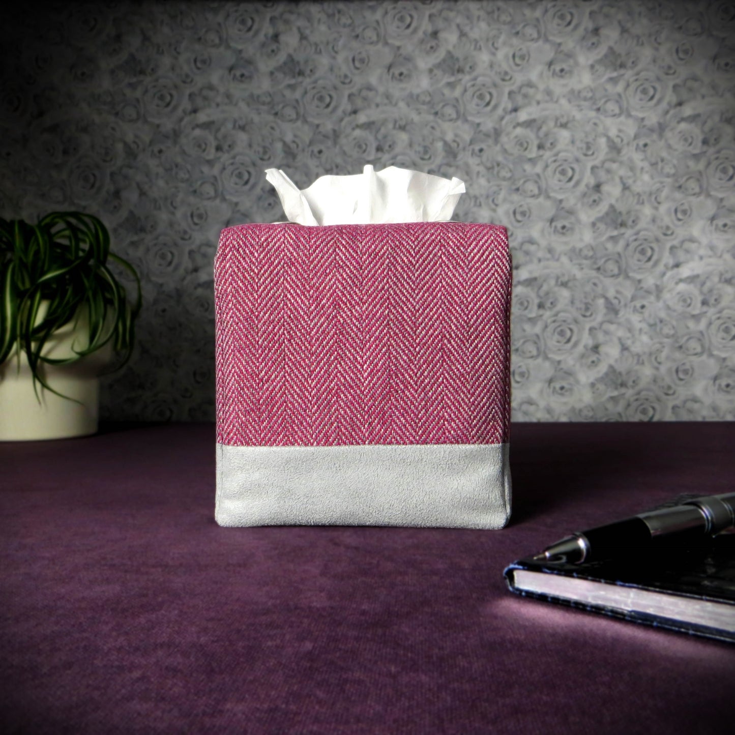 Cube Fabric Tissue Box Cover - Mauve and Grey Herringbone Two Tone
