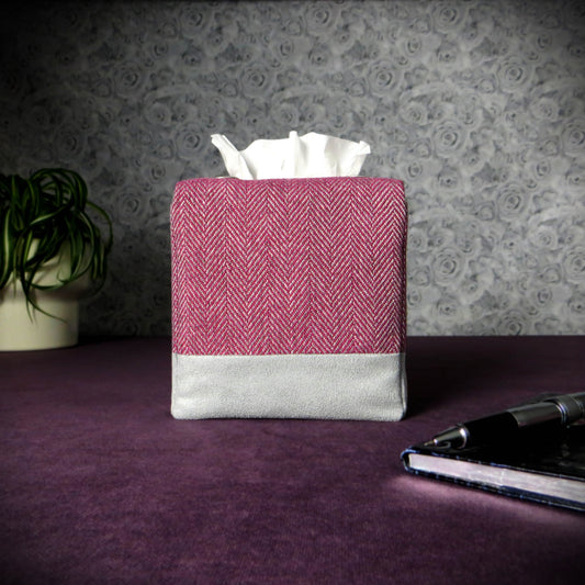 Cube Fabric Tissue Box Cover - Mauve and Grey Herringbone Two Tone