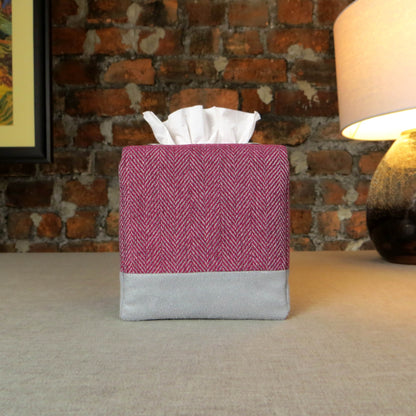 Square tissue box cover with mauve and grey herringbone pattern, and light grey velvet base.