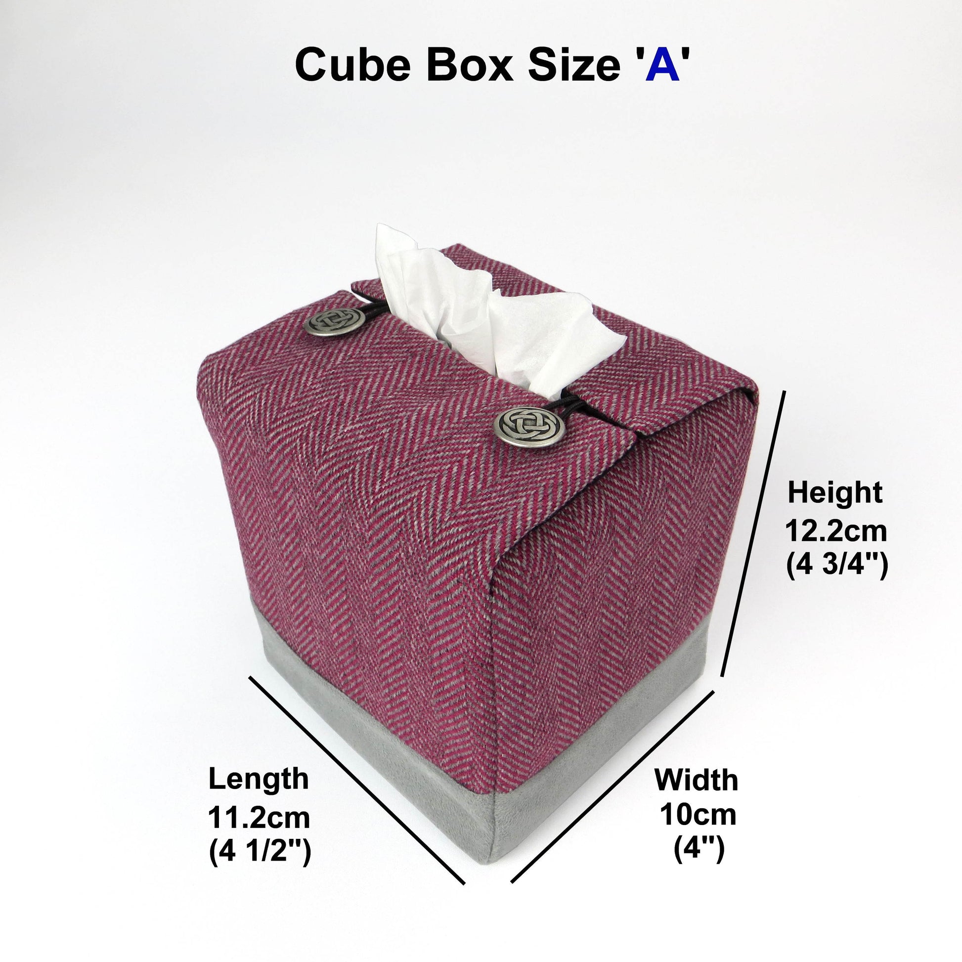 Square tissue box cover with mauve and grey herringbone pattern, and light grey velvet base.