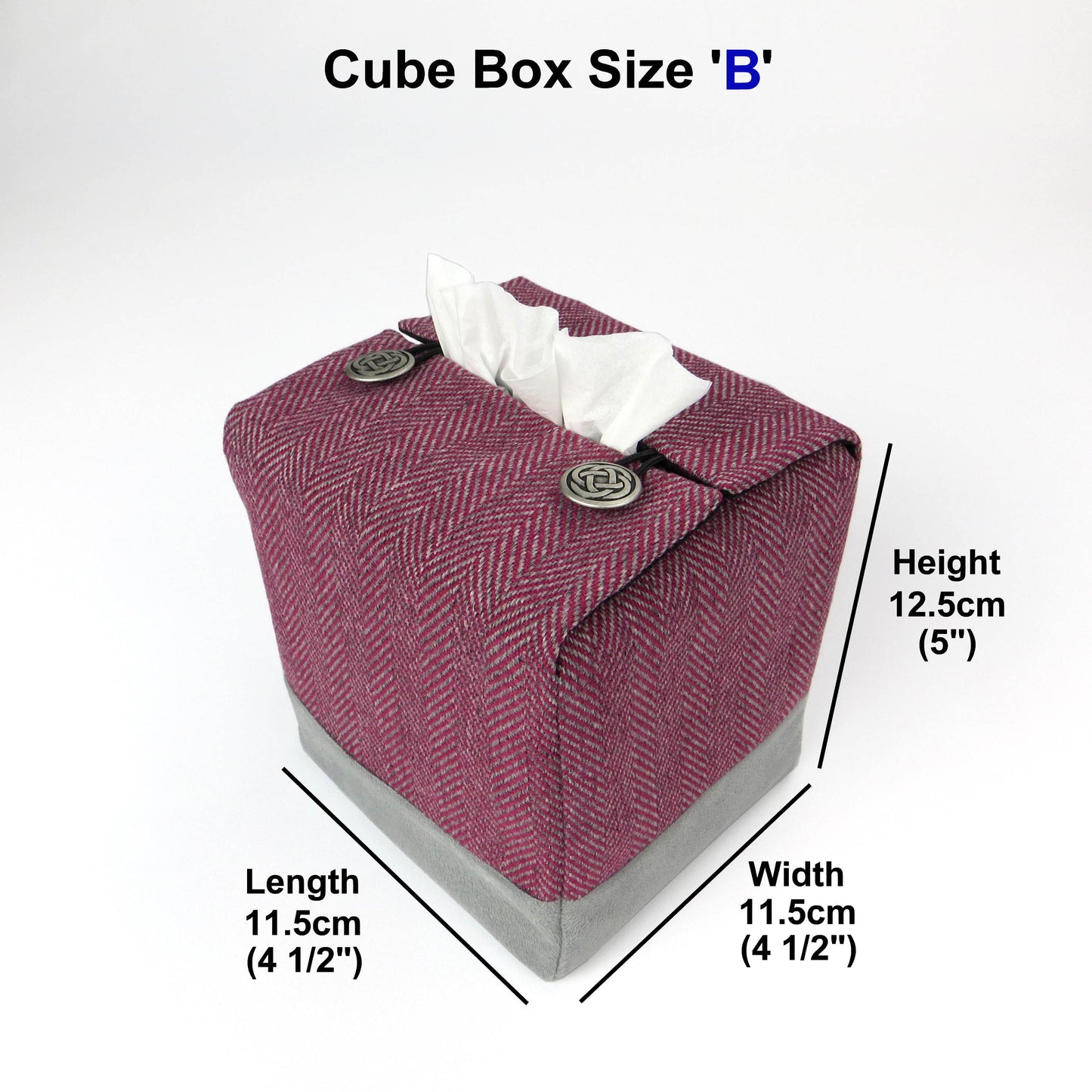 Square tissue box cover with mauve and grey herringbone pattern, and light grey velvet base.