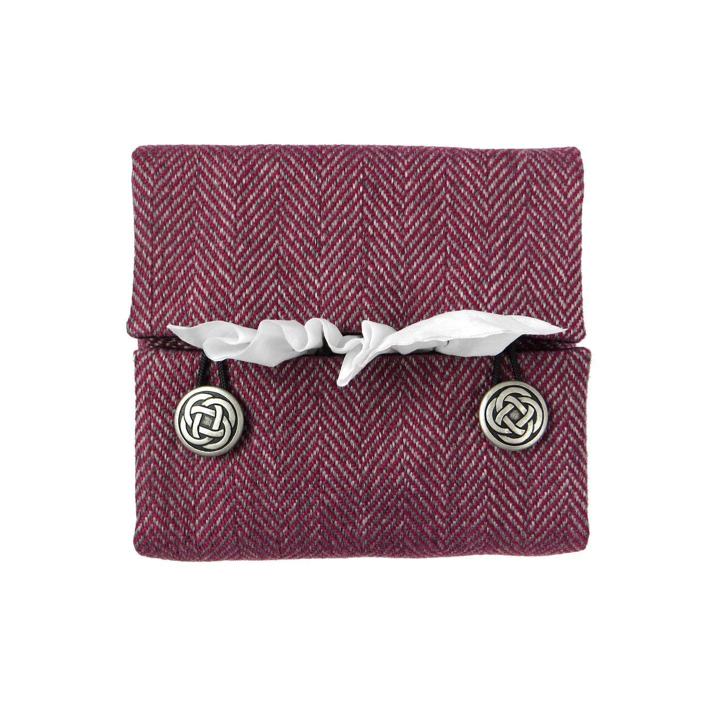 Square tissue box cover with mauve and grey herringbone pattern, and light grey velvet base.