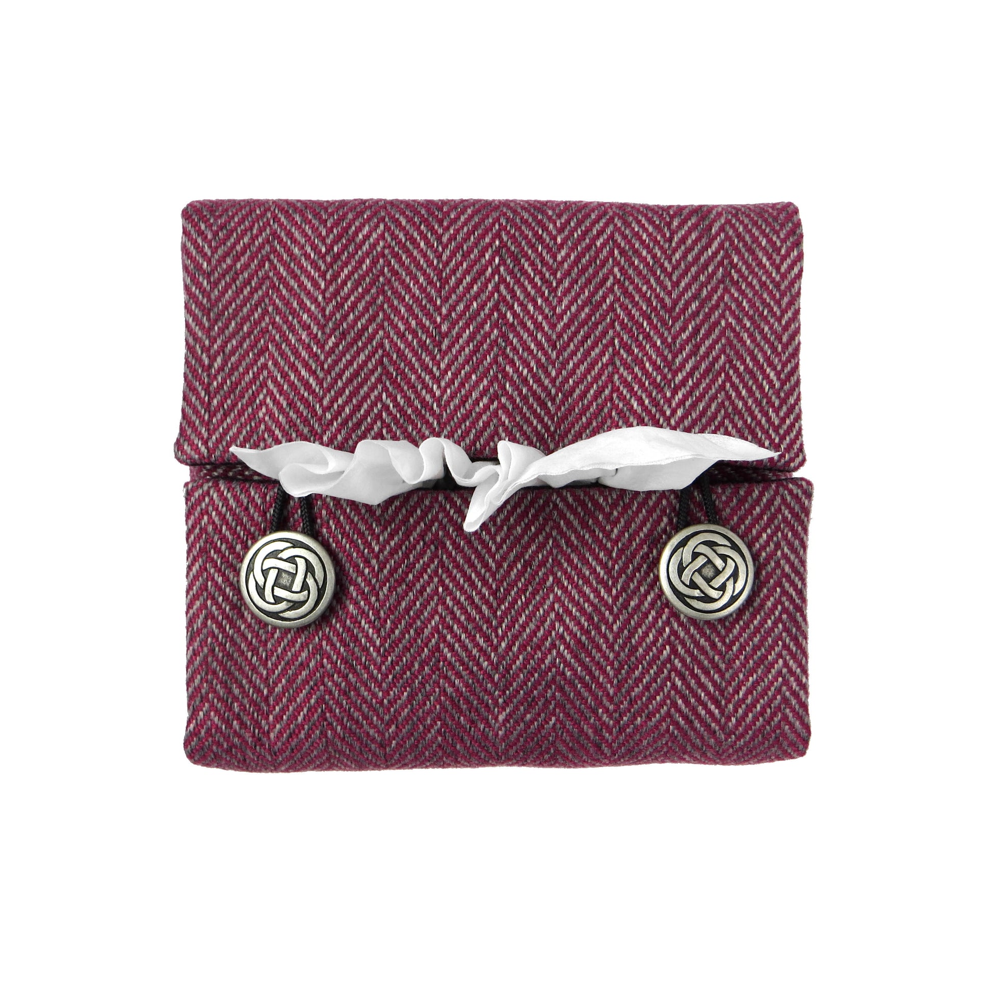 Square tissue box cover with mauve and grey herringbone pattern, and light grey velvet base.