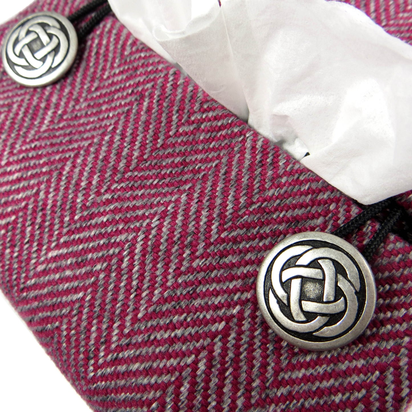 Square tissue box cover with mauve and grey herringbone pattern, and light grey velvet base.