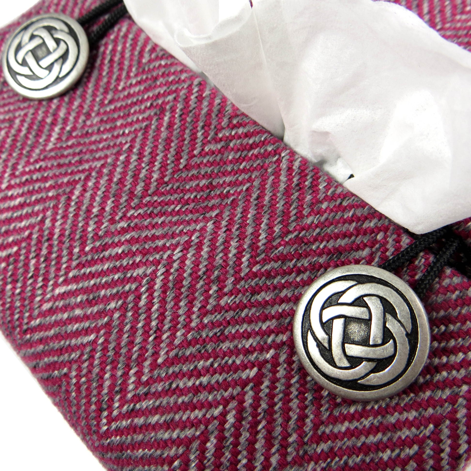 Square tissue box cover with mauve and grey herringbone pattern, and light grey velvet base.