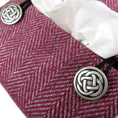 Square tissue box cover with mauve and grey herringbone pattern, and light grey velvet base.