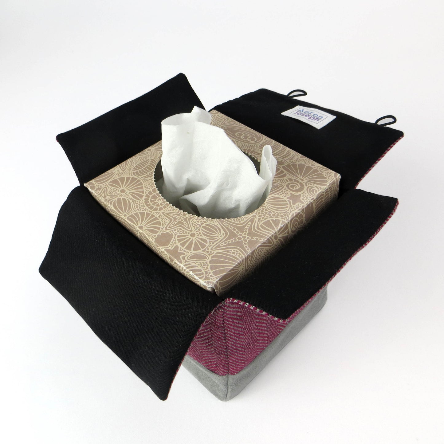 Square tissue box cover with mauve and grey herringbone pattern, and light grey velvet base.