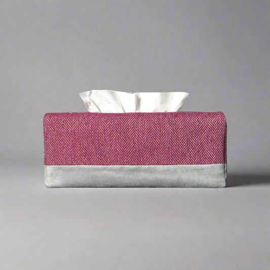 Rectangle tissue box cover with mauve and grey herringbone, and light grey velvet fabric