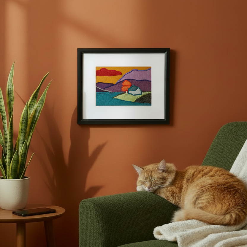 Framed fabric artwork hanging on an orange wall with an armchair, cat, side table, and plant
