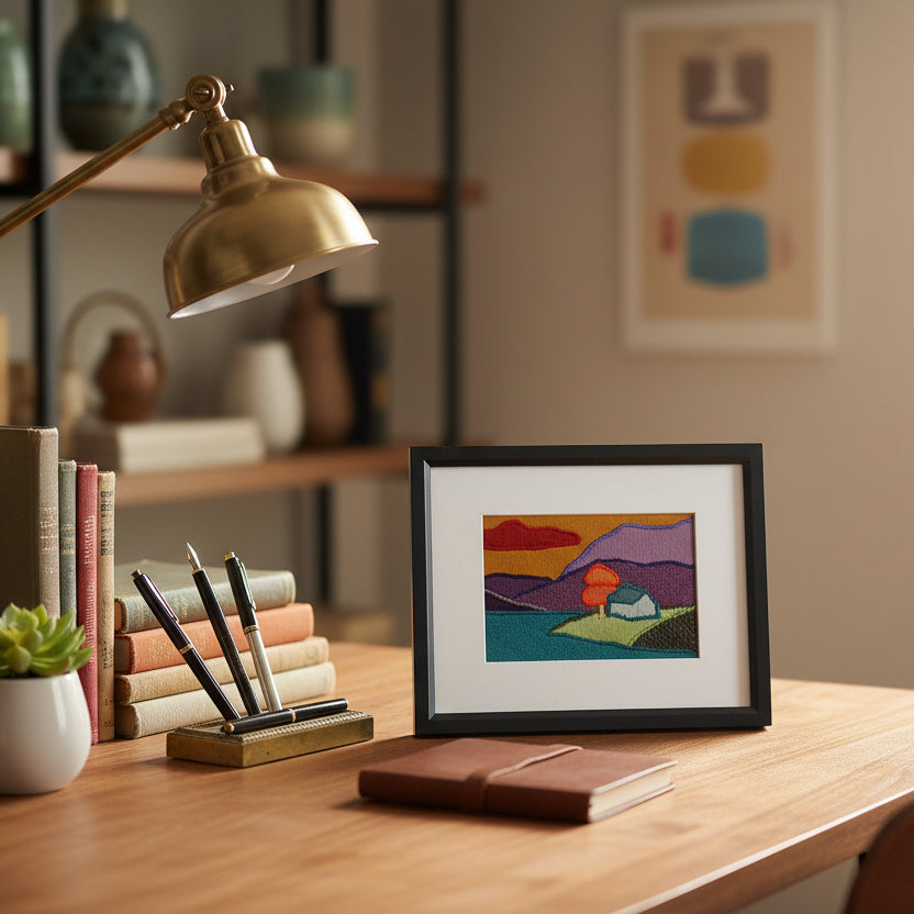 Framed fabric artwork sitting on a home office desk with a lamp, books, and stationery