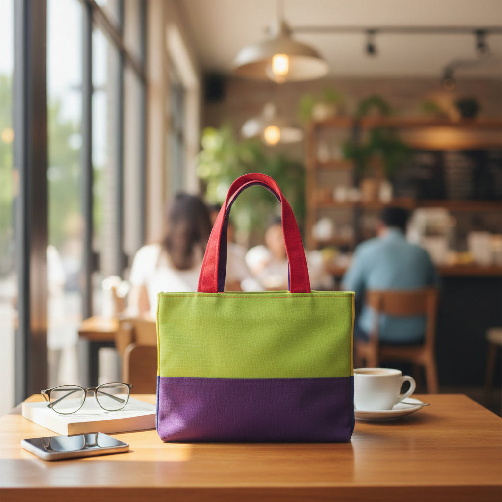 Small cotton tote bag with two vibrant colours on each side sitting on a table in a local cafe
