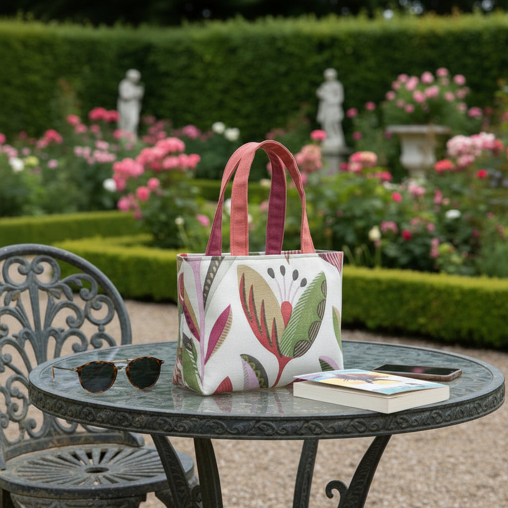 Small cotton tote bag with shades of moss green, raspberry pink, soft grey, and rhubarb red tulips on off-white background