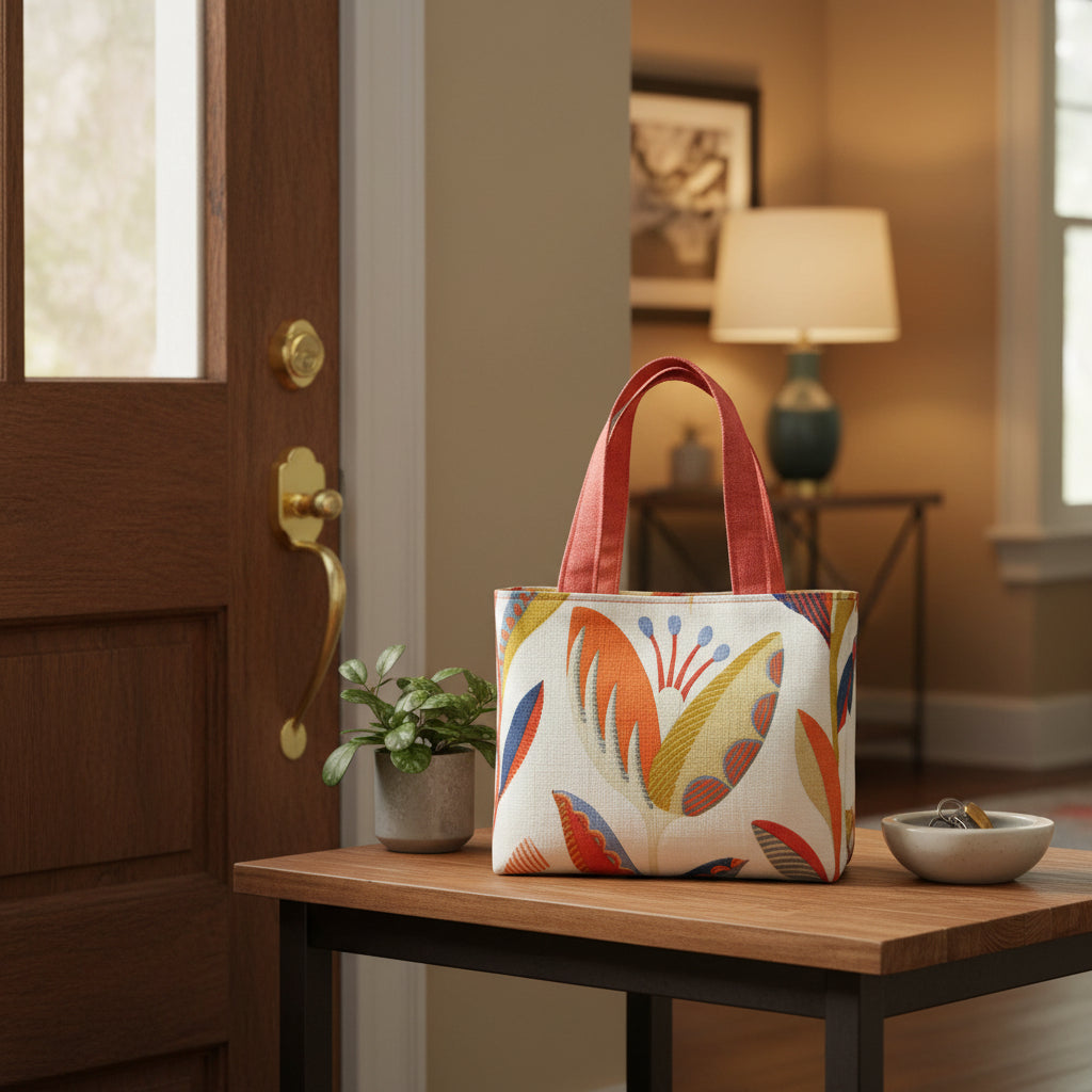 Small cotton tote bag with tulip pattern in shades of warm orange, rich ochre, and classic denim blue on an off-white background sitting on a table in a home front foyer
