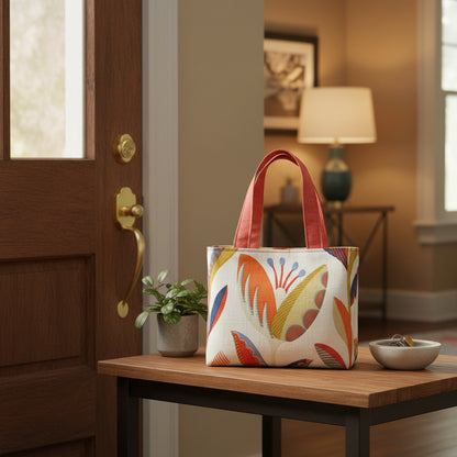Small cotton tote bag with tulip pattern in shades of warm orange, rich ochre, and classic denim blue on an off-white background sitting on a table in a home front foyer