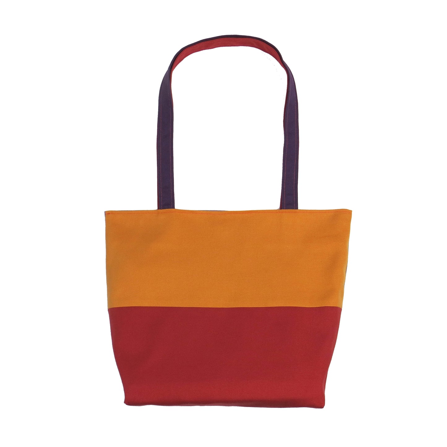 Back view of a large cotton tote bag with two vibrant colours on each side