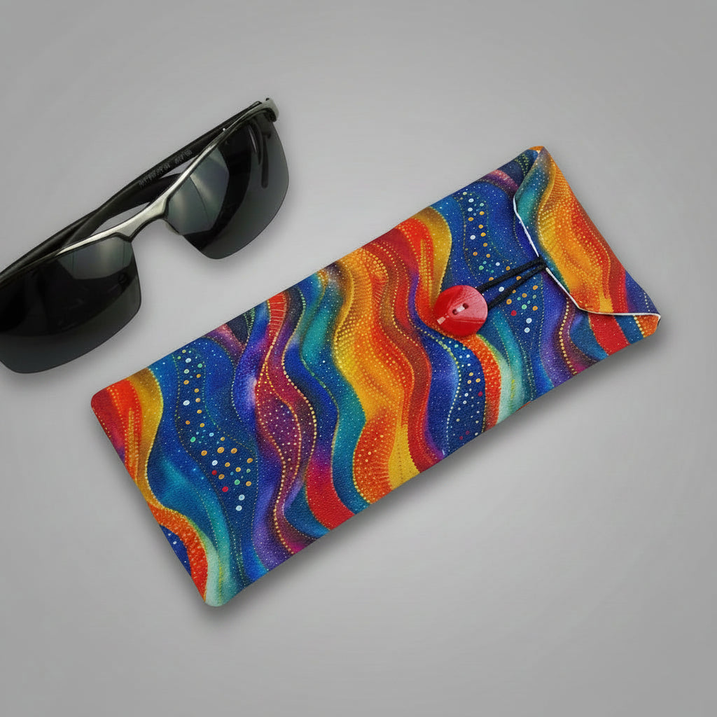 A colourful padded eyeglass pouch laying on a table with a pair of sunglasses