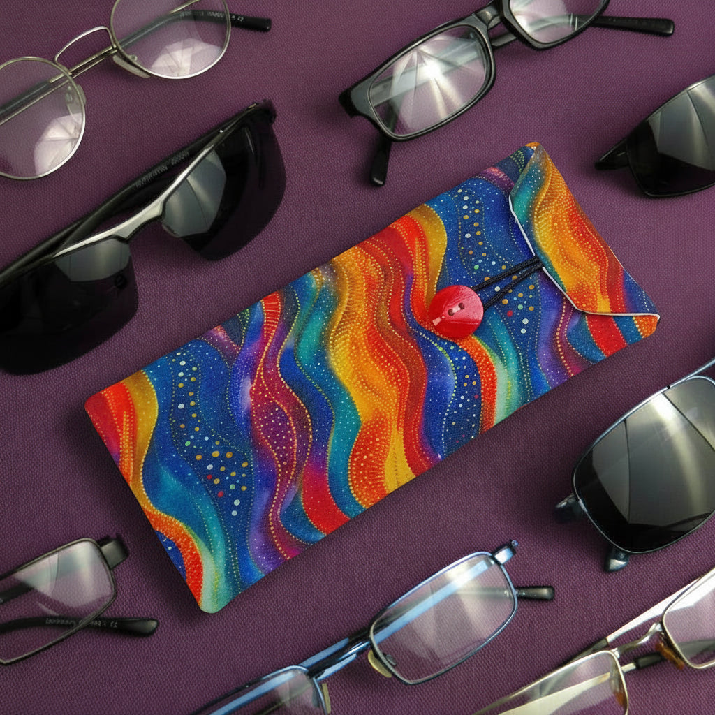 A colourful padded eyeglass pouch laying on a table with various eyeglasses and sunglasses
