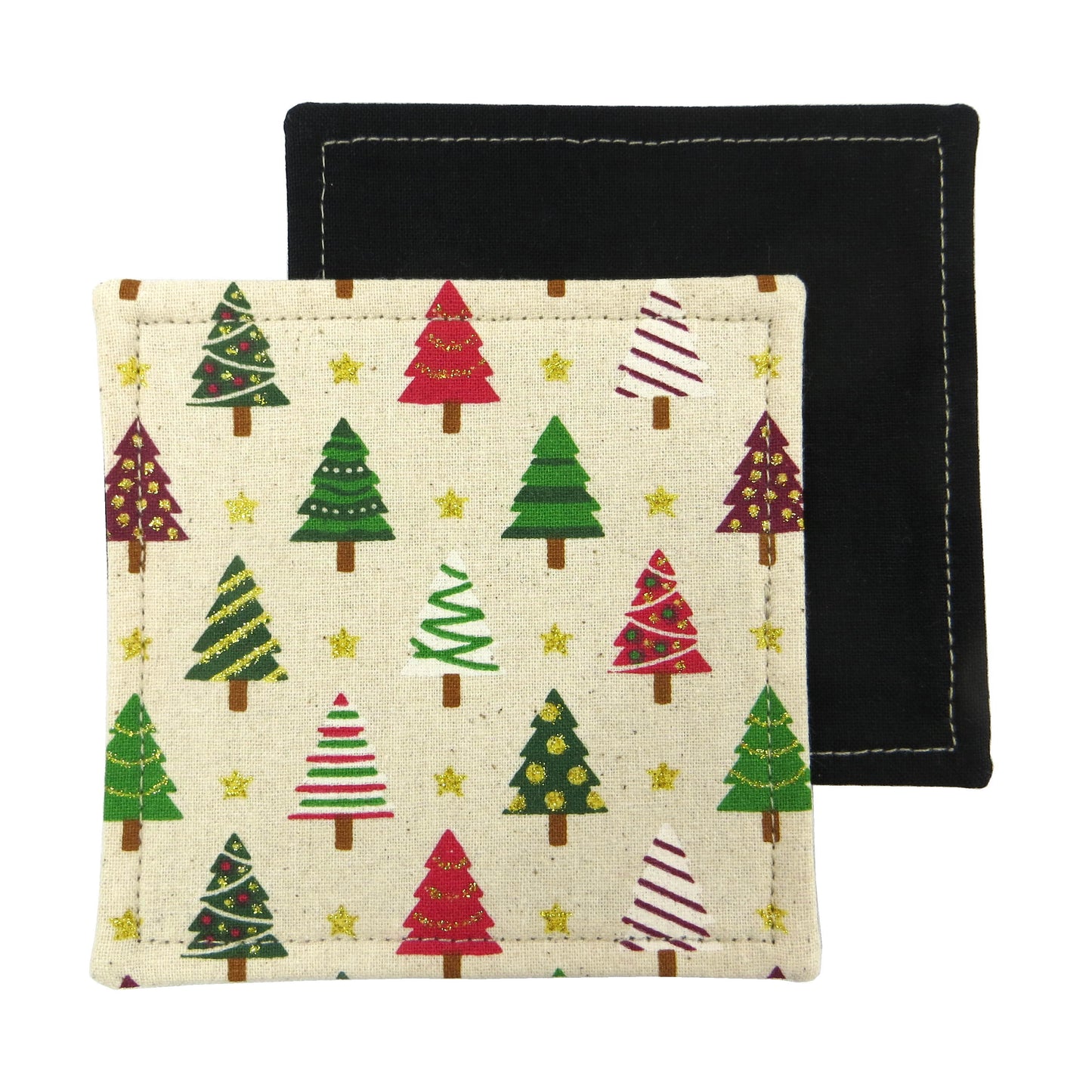 Set of two handmade cotton square coasters with a festive holiday design of decorated trees in red, green, and white on a beige background