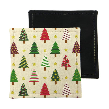 Set of two handmade cotton square coasters with a festive holiday design of decorated trees in red, green, and white on a beige background