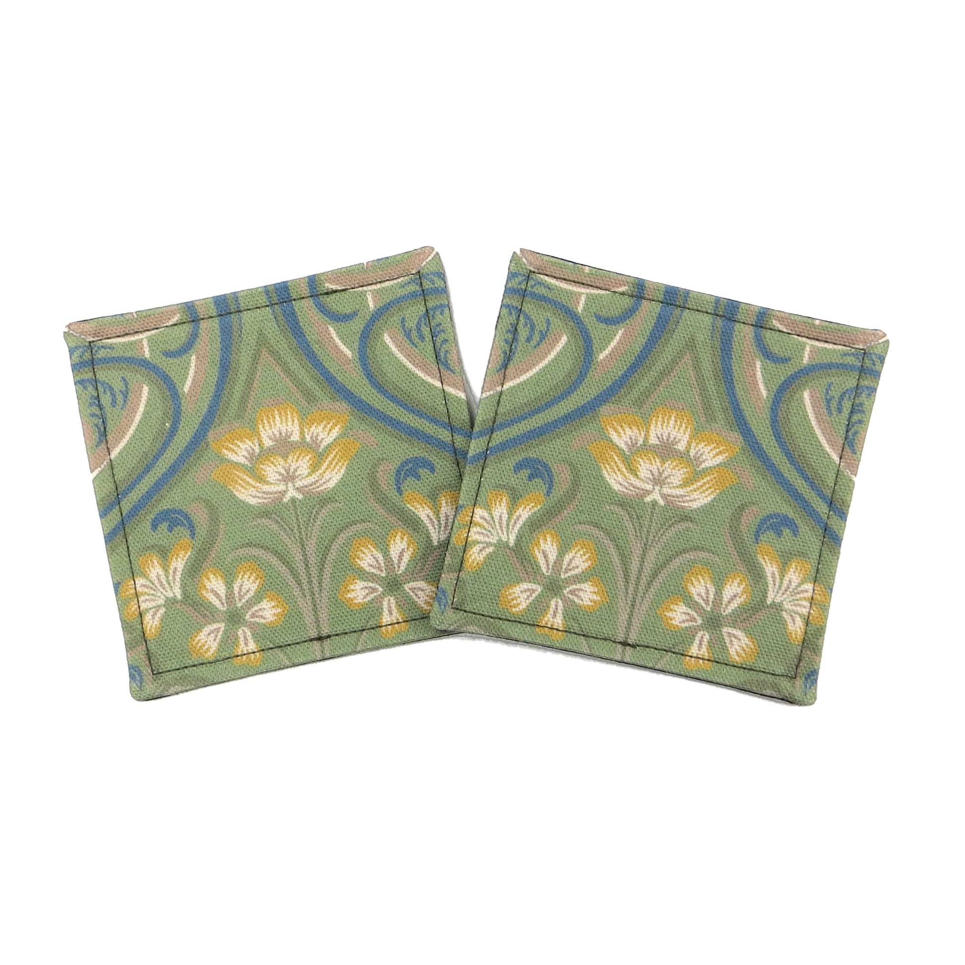 Set of two handmade square coasters with  a Victorian design of yellow flowers with blue embellishments on a sage green background