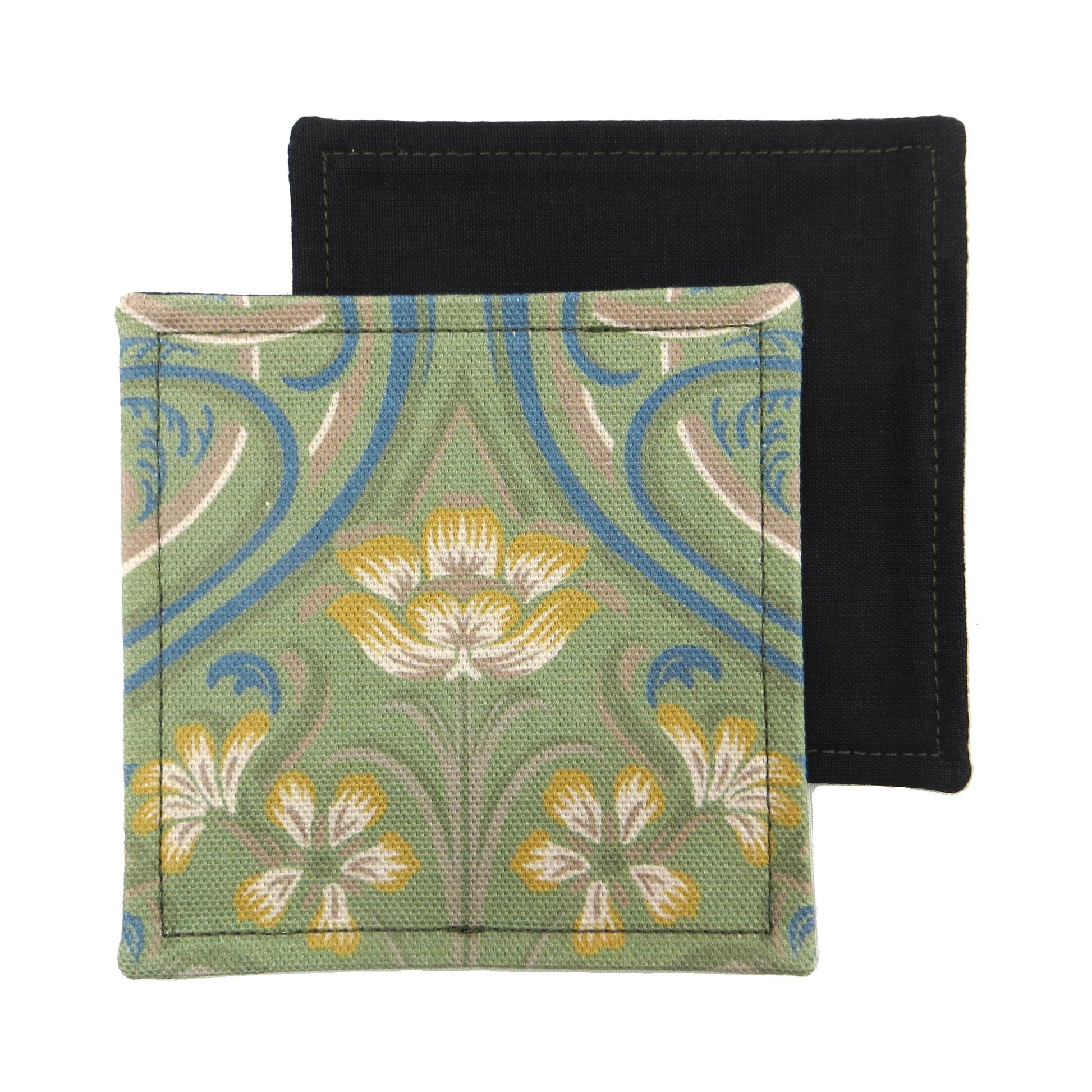 Set of two handmade square coasters with  a Victorian design of yellow flowers with blue embellishments on a sage green background