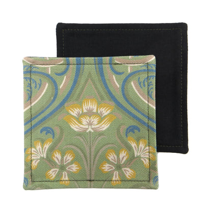 Set of two handmade square coasters with  a Victorian design of yellow flowers with blue embellishments on a sage green background