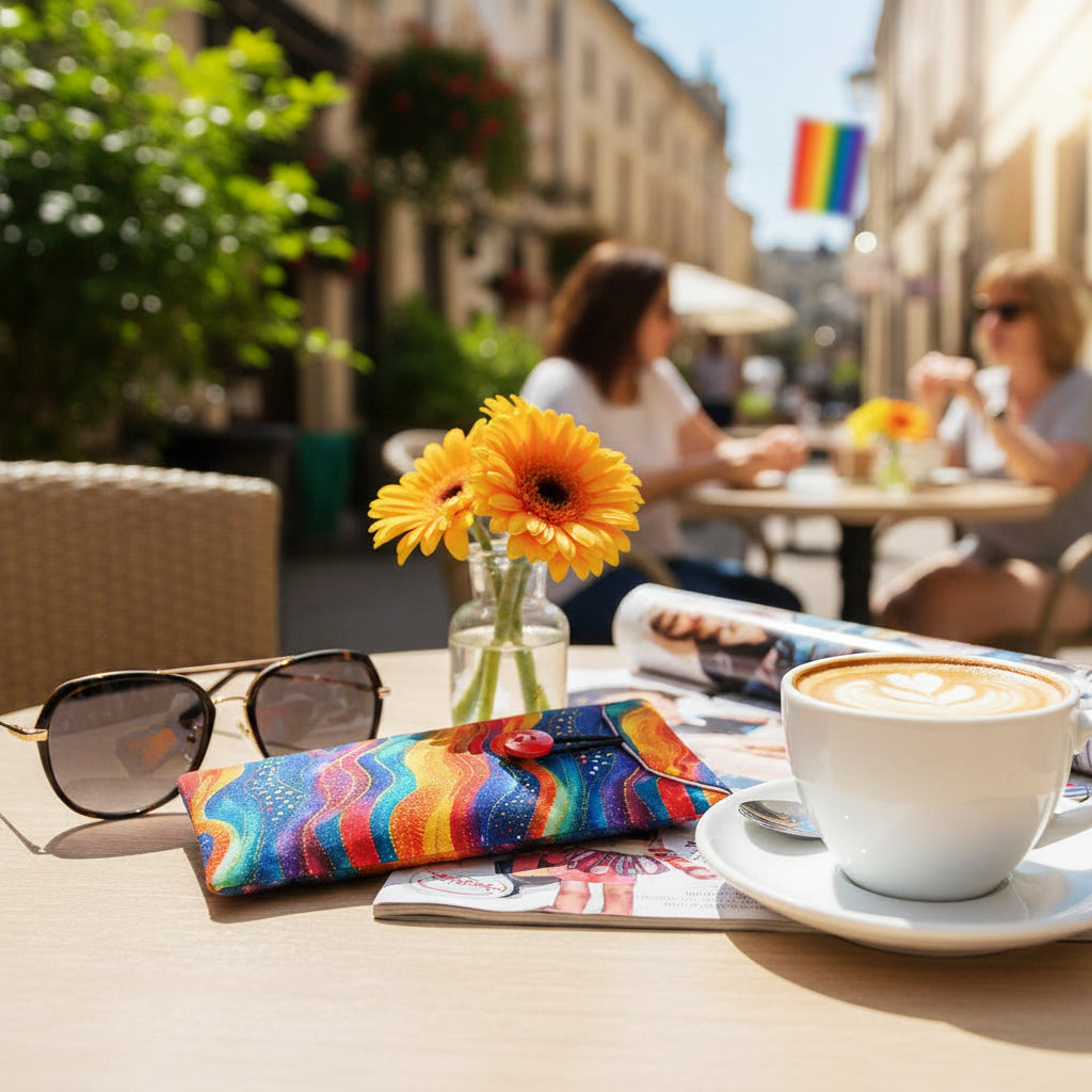 A colourful padded eyeglass pouch laying on a cafe table in an outdoor setting