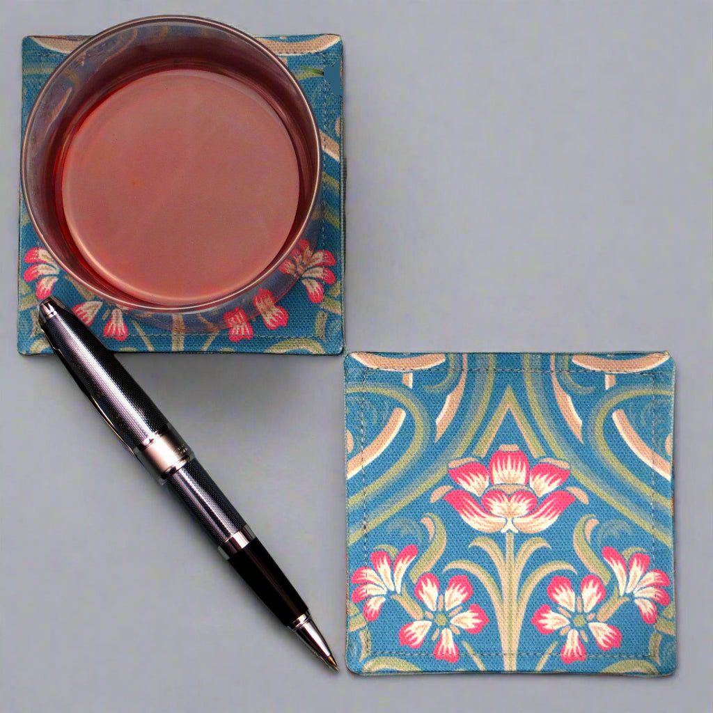 Set of 2 handmade coasters with blue Victorian design with red flowers and green embellishments