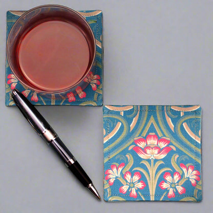 Set of 2 handmade coasters with blue Victorian design with red flowers and green embellishments