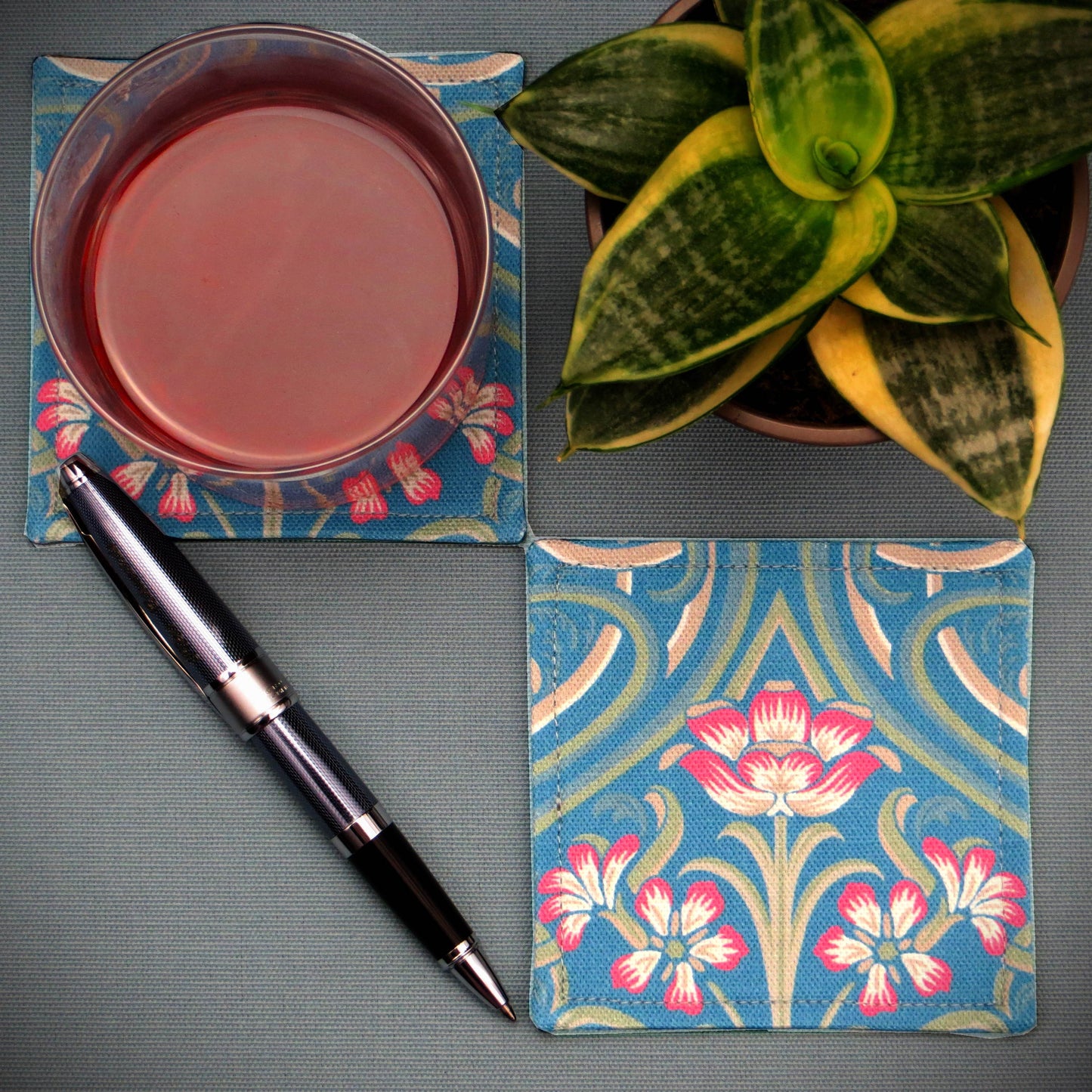 Square Fabric Coaster Set of 2 - Blue Victorian Design