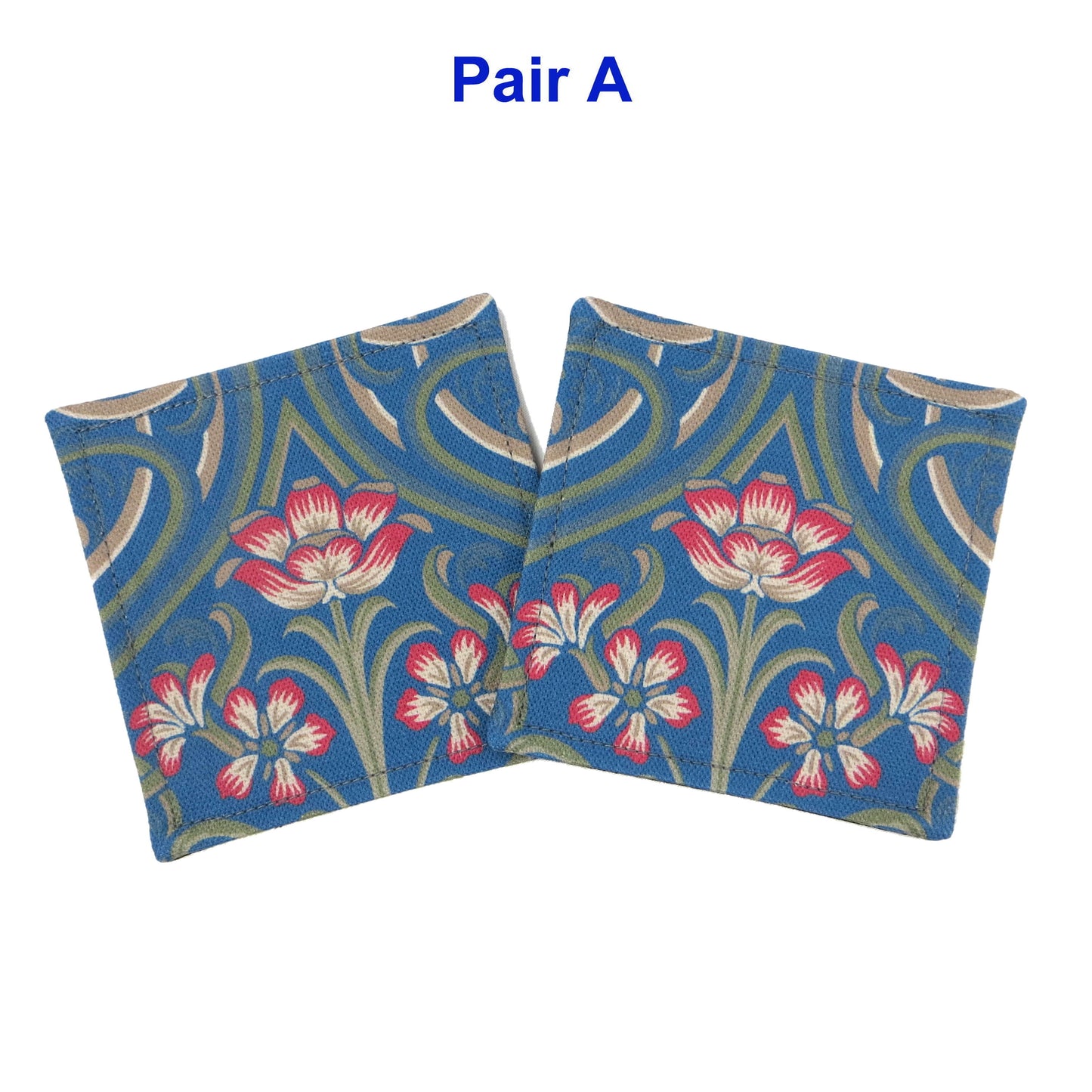 Set of 2 handmade coasters with blue Victorian design with red flowers and green embellishments