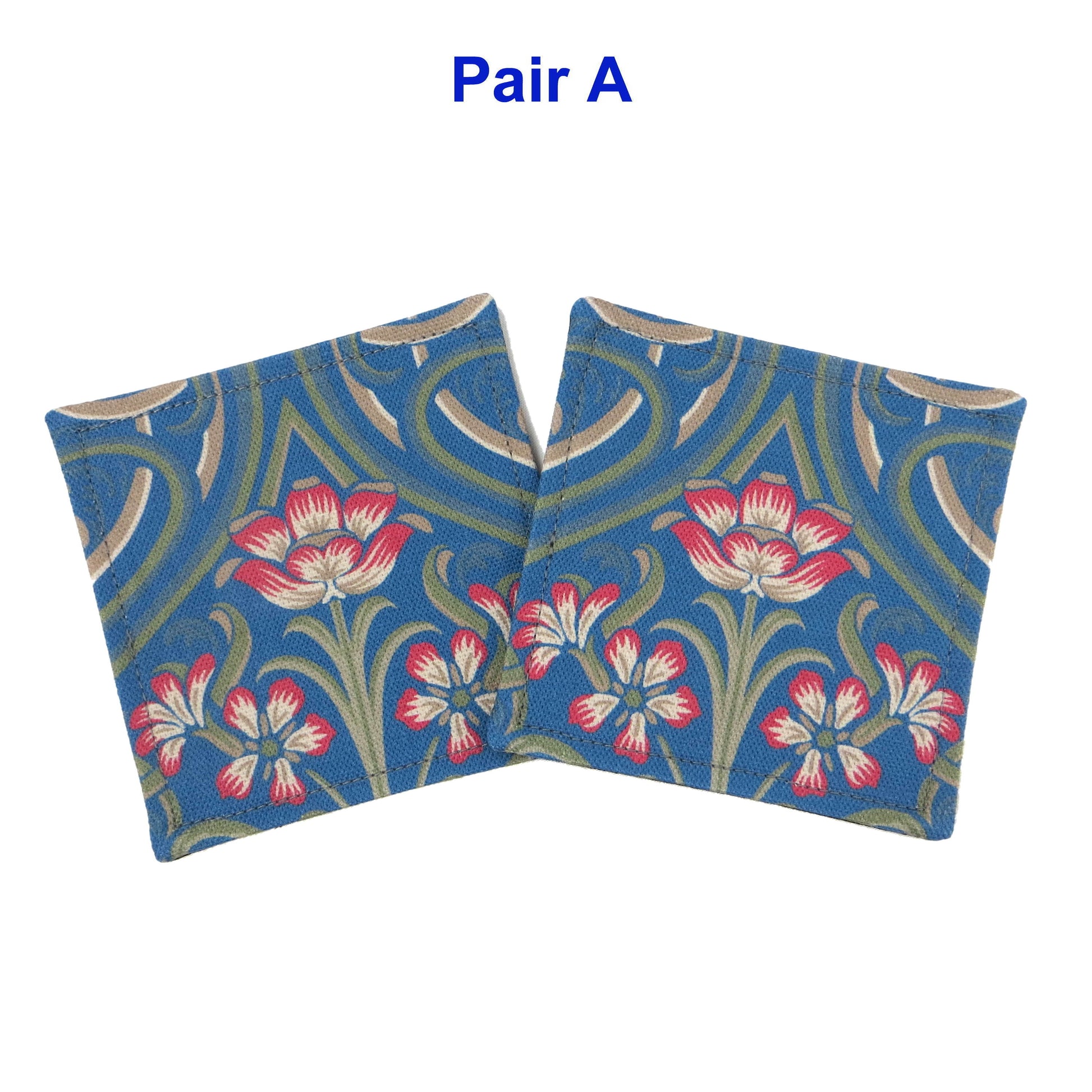 Set of 2 handmade coasters with blue Victorian design with red flowers and green embellishments