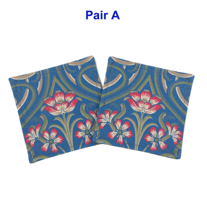 Set of 2 handmade coasters with blue Victorian design with red flowers and green embellishments