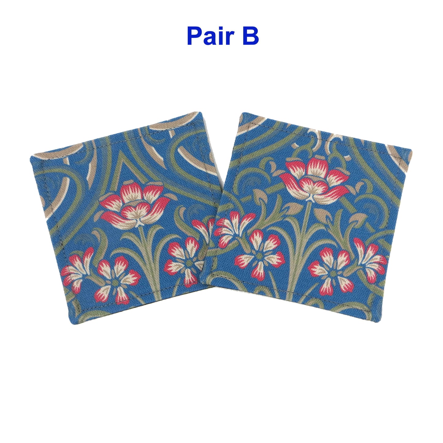 Set of 2 handmade coasters with blue Victorian design with red flowers and green embellishments