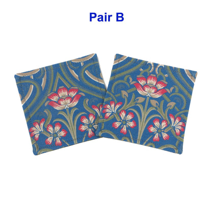 Set of 2 handmade coasters with blue Victorian design with red flowers and green embellishments