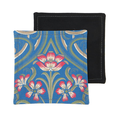 Set of 2 handmade coasters with blue Victorian design with red flowers and green embellishments