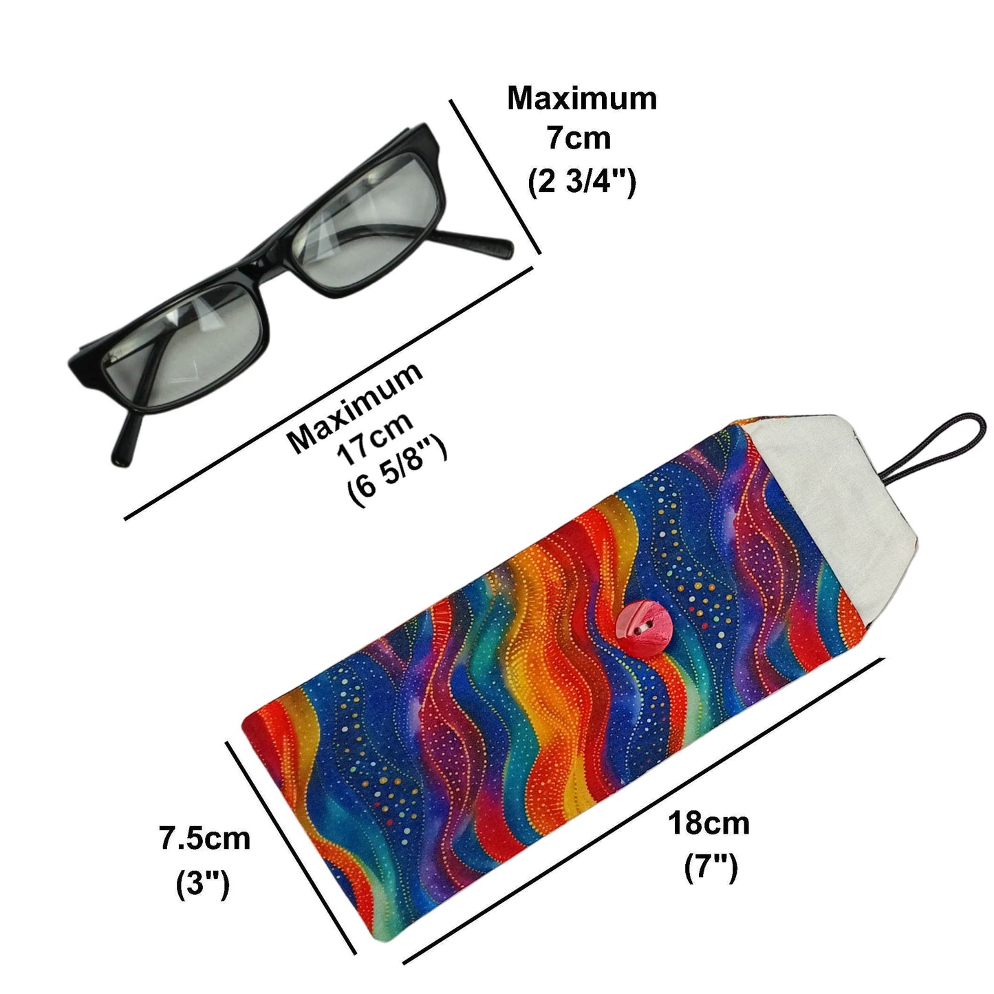 Colourful padded eyeglass pouch with size details