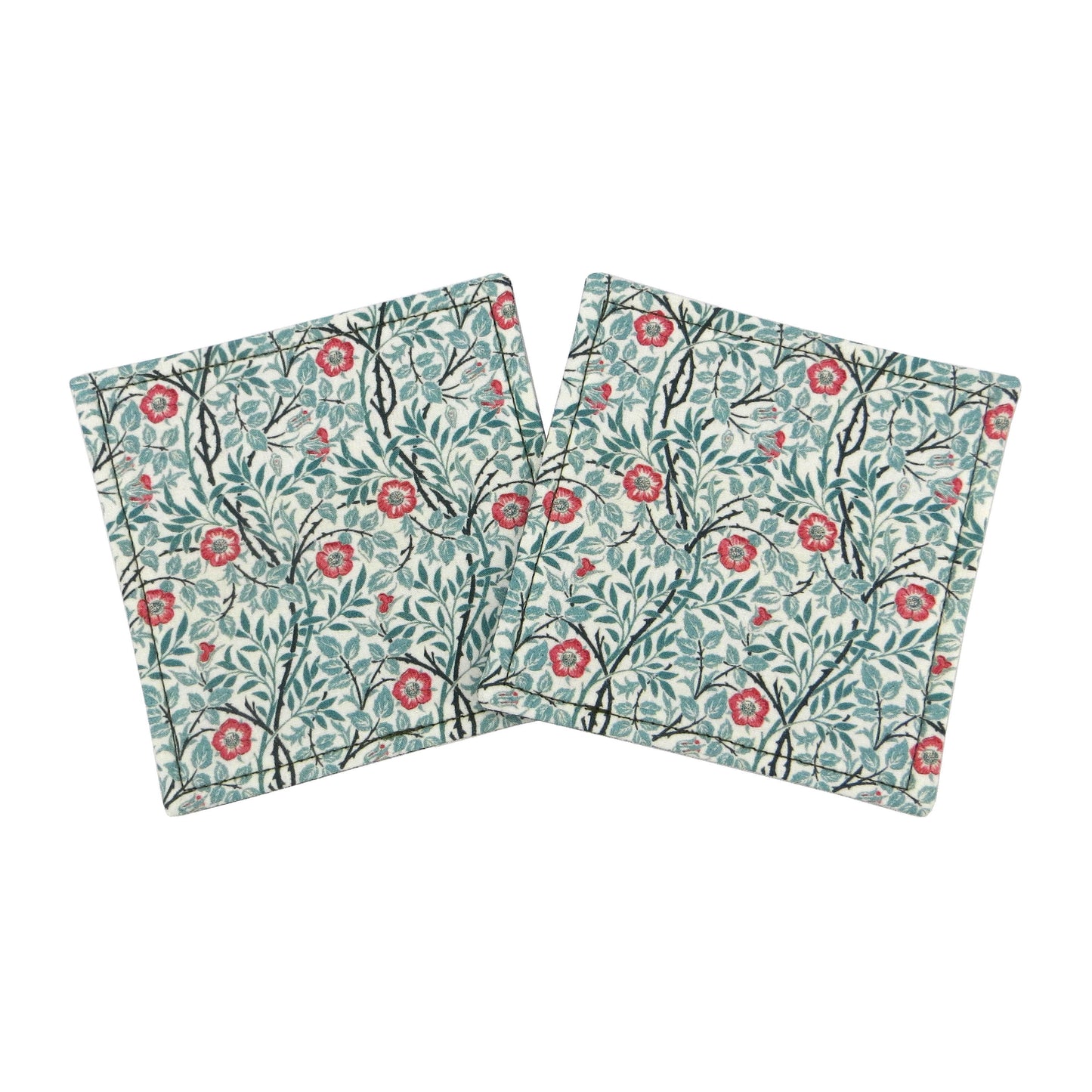 Set of 2 handmade coasters  featuring red flowers and green vines on an off-white background